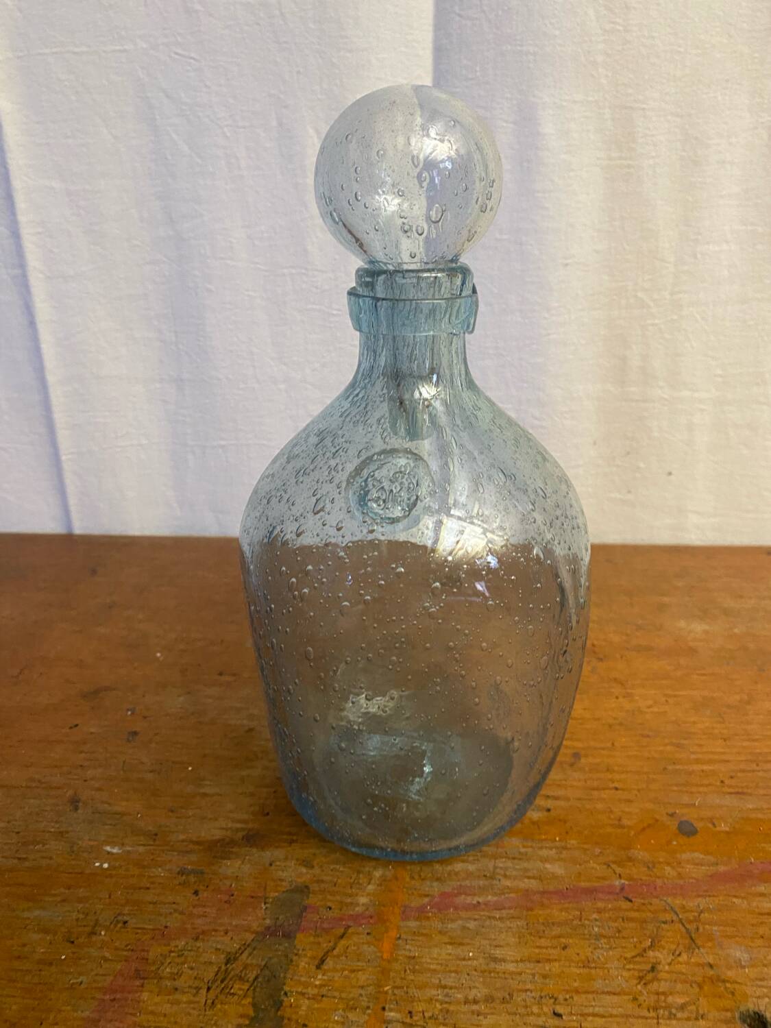 Antique Biot bottle blue bubble blown glass + vintage stopper