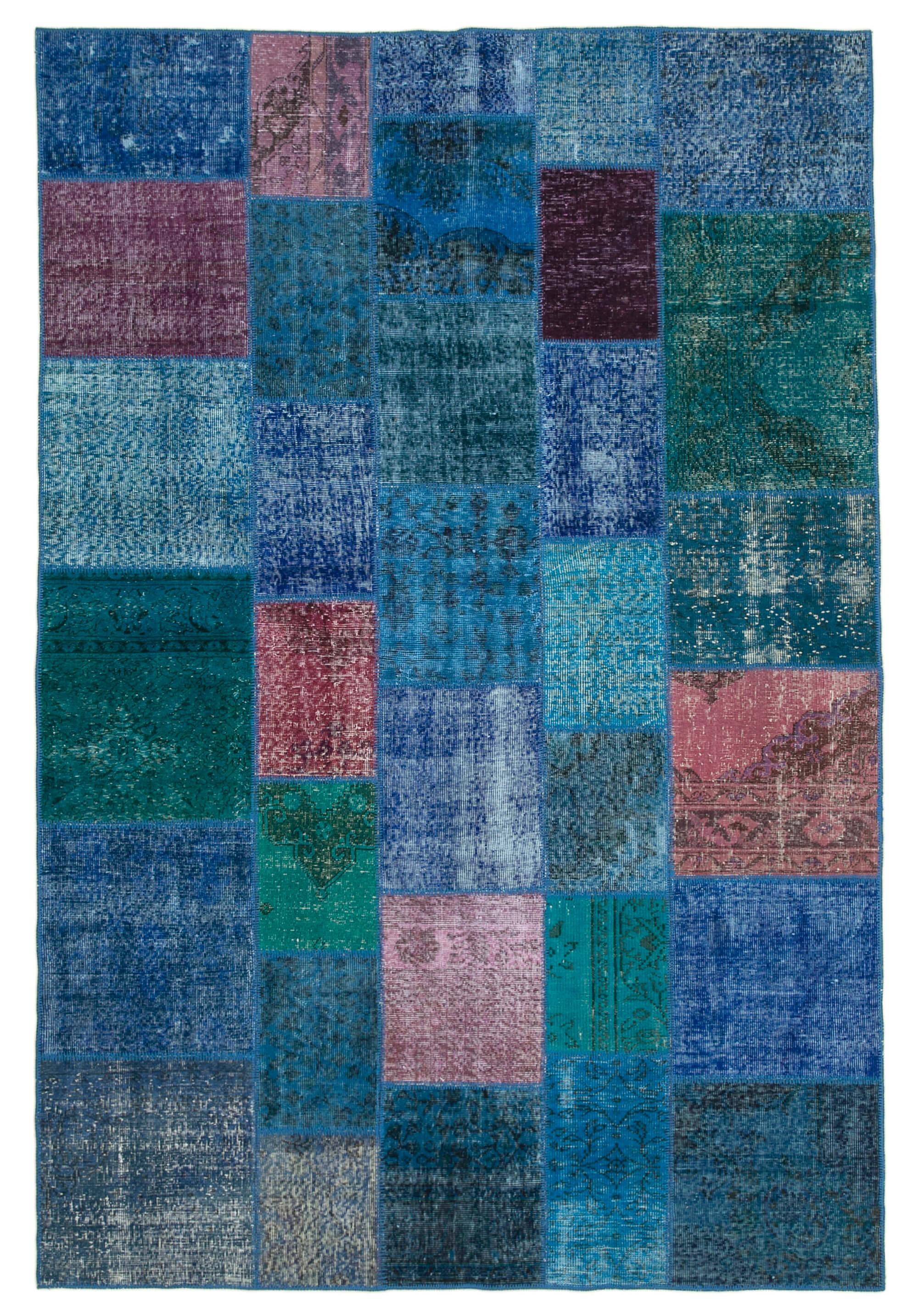 Handwoven turkish contemporary 202 cm x 300 cm blue patchwork carpet