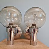Pair of vintage wall lights in chromed metal and smoked glass, 70s