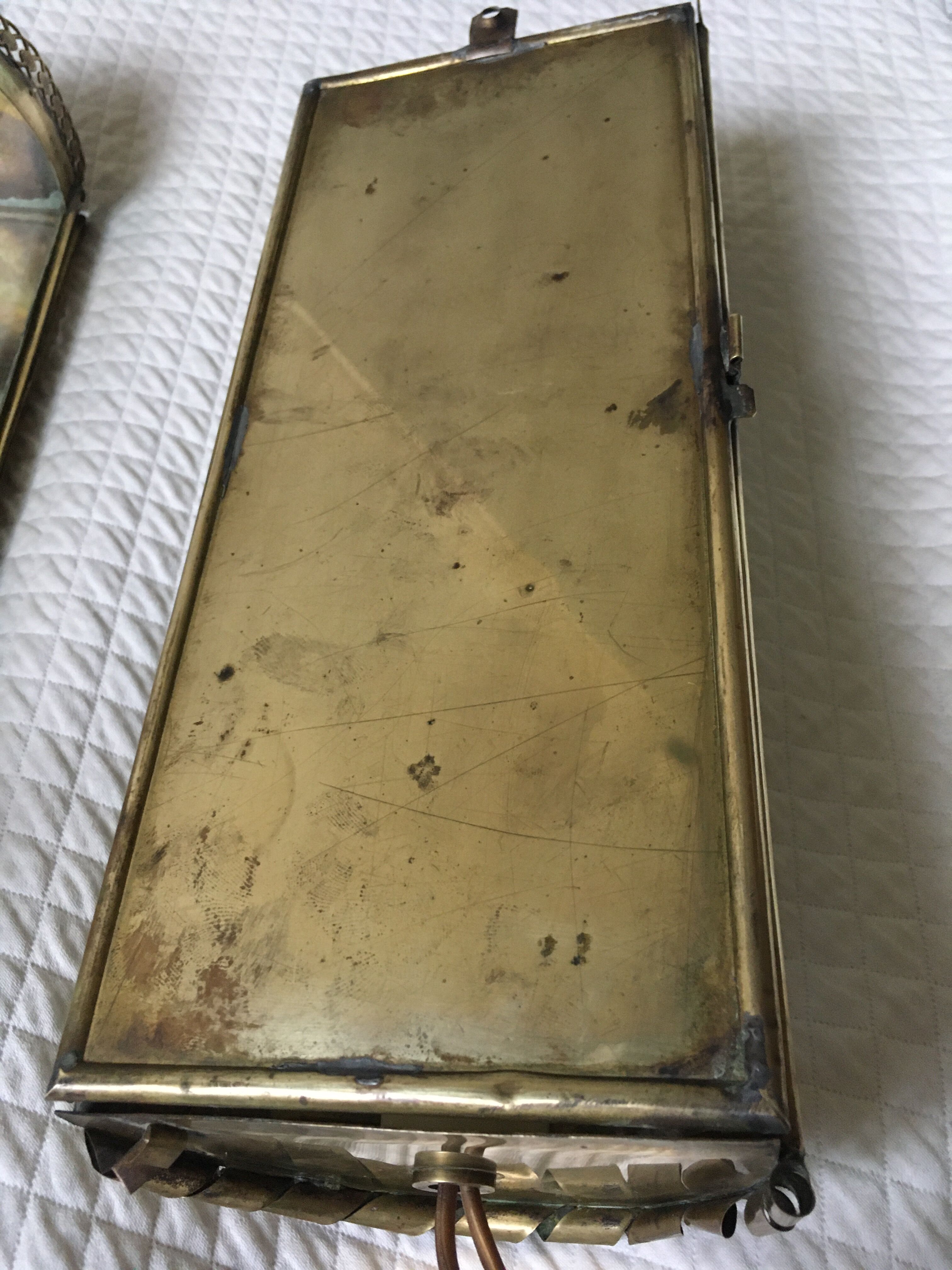 Pair of old brass and glass wall light