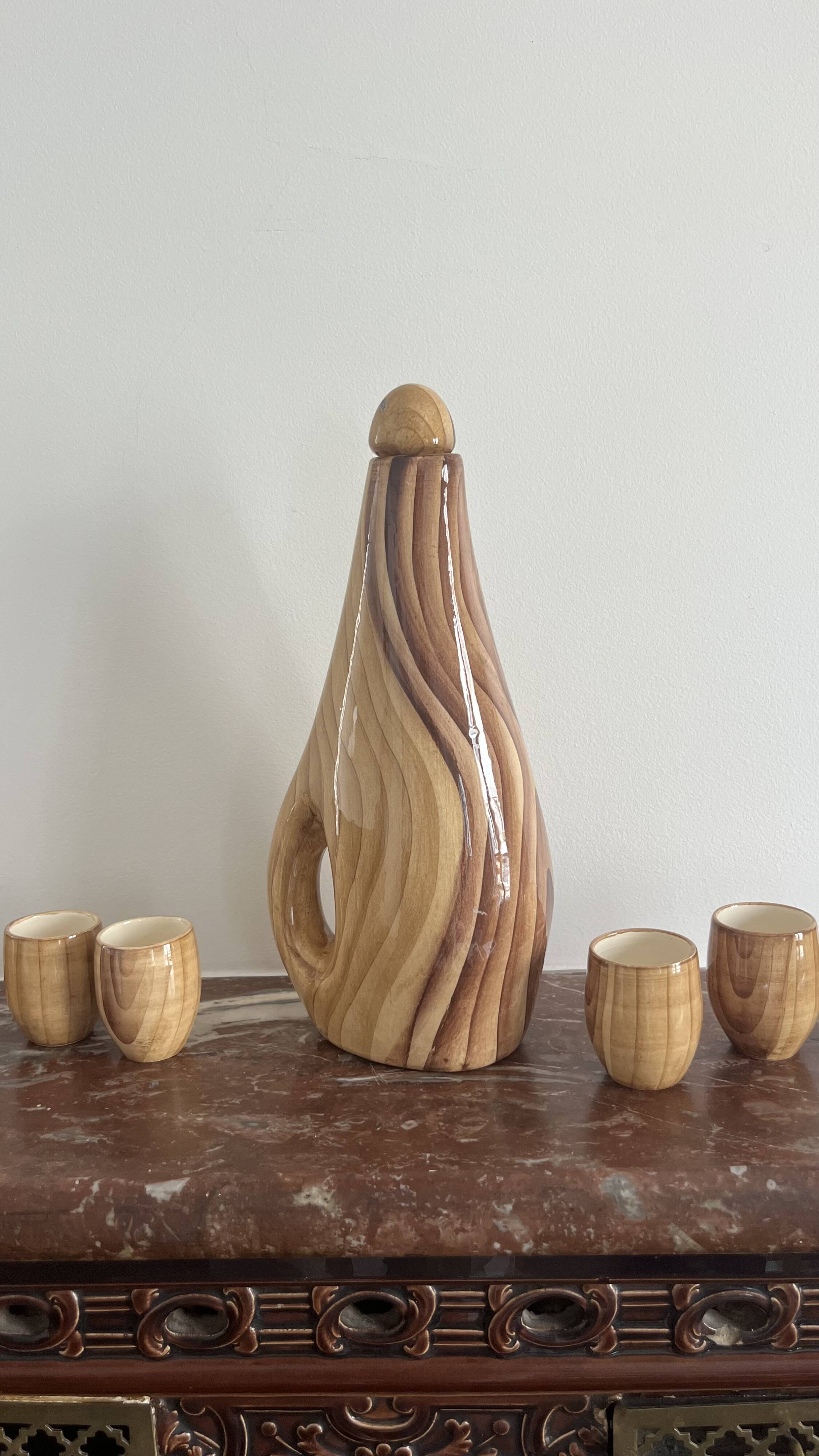 Grandjean Jourdan liqueur set in wood-effect glazed ceramic