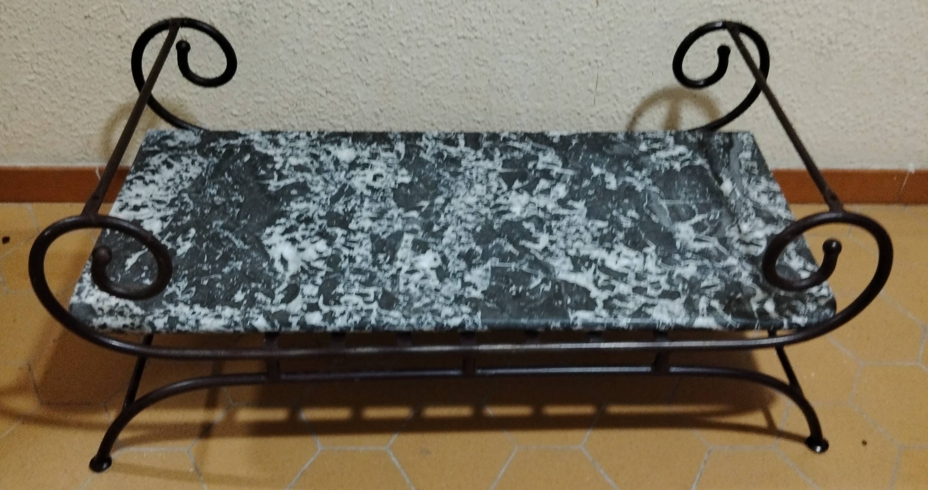 Polished Black and White Emperador marble coffee table, wrought iron base in Morocco