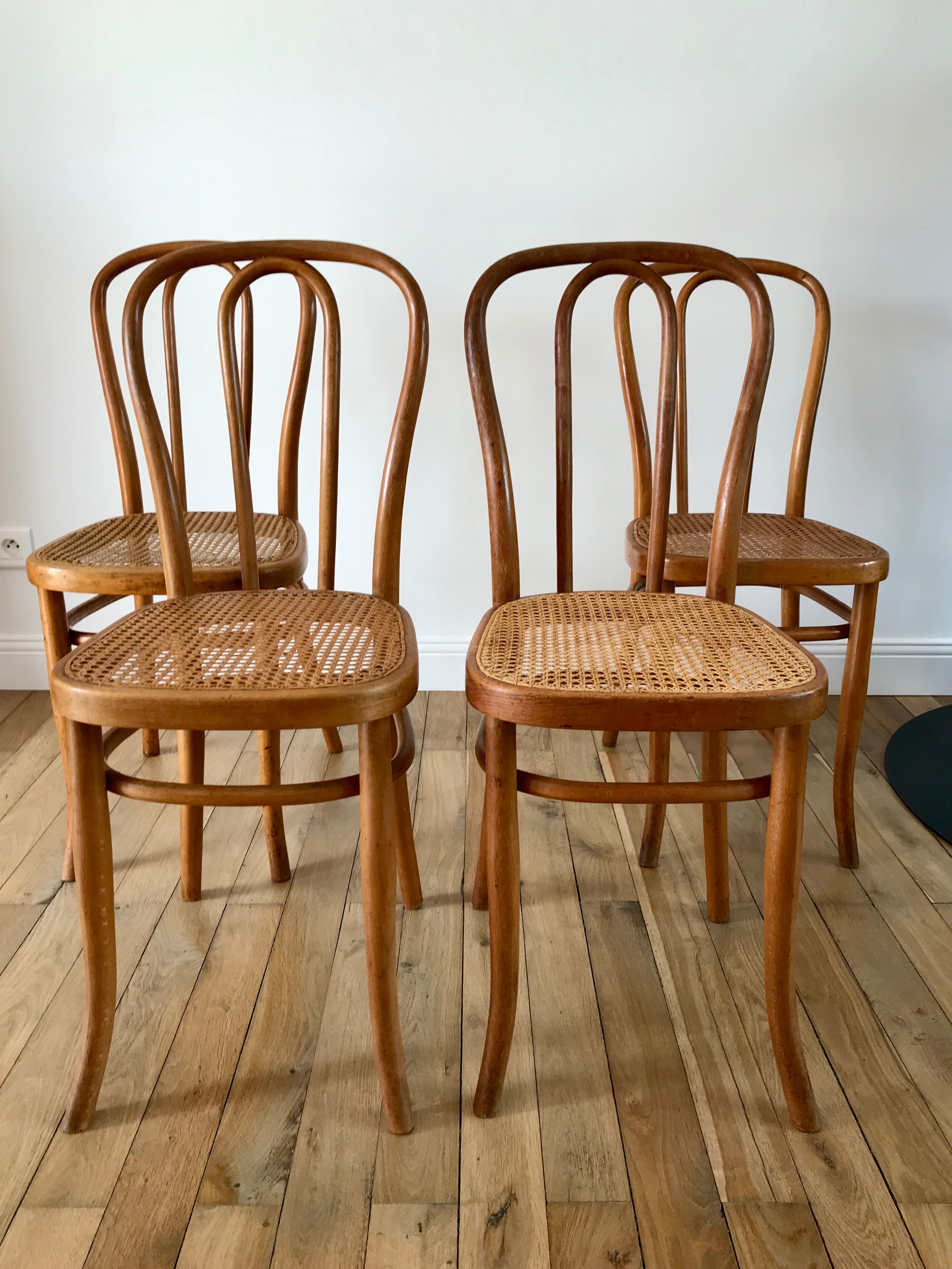 Set of 4 cane chairs in bentwood and honey-coloured cane thonet early 20th century
