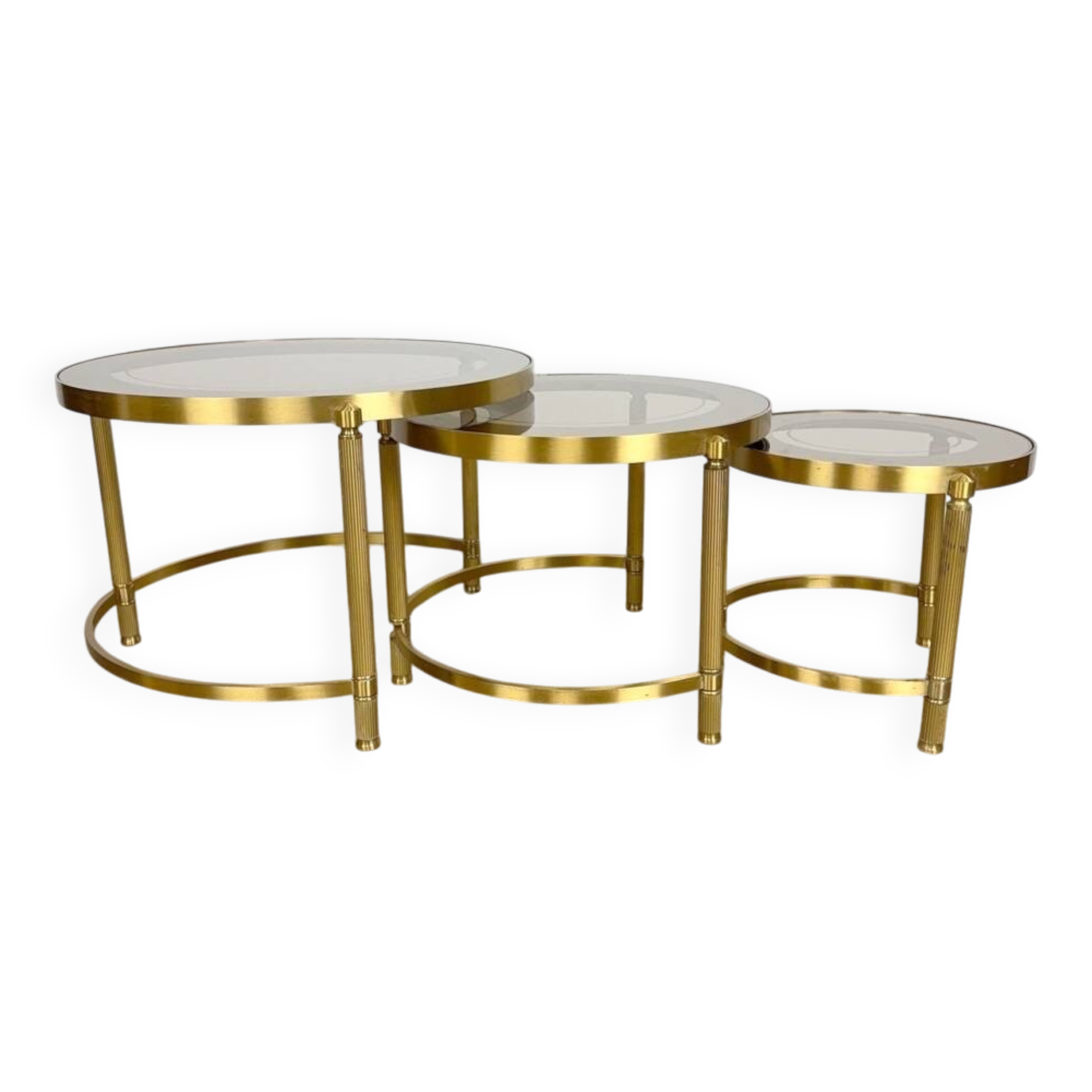 Tables gigognes rondes bronze doré verre fumé vintages