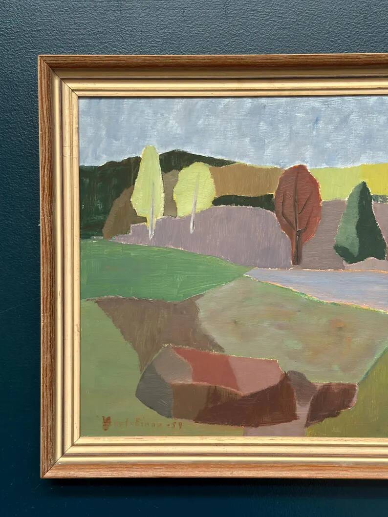Original Swedish Oil on Panel – “Trees and Fields” by Carl‑Einar Andersson (1925–1975) – 1959 – Vintage & Framed – 53 × 44.5cm (20.9"×17.5")
