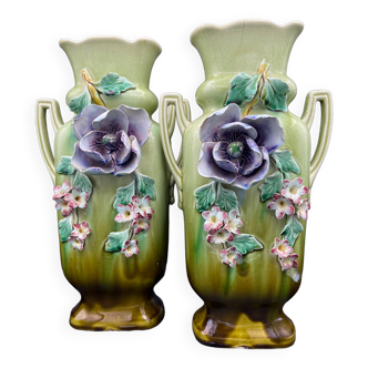 Pair of Vases Art Nouveau 1900 Barbotine Majolica Theme Flowers Anemones