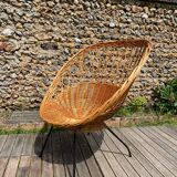 Vintage rattan armchair 50-60 black metal legs