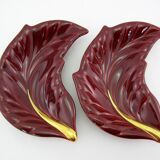 2 red and gold ceramic leaf-shaped bowls - Verceram France - vintage year