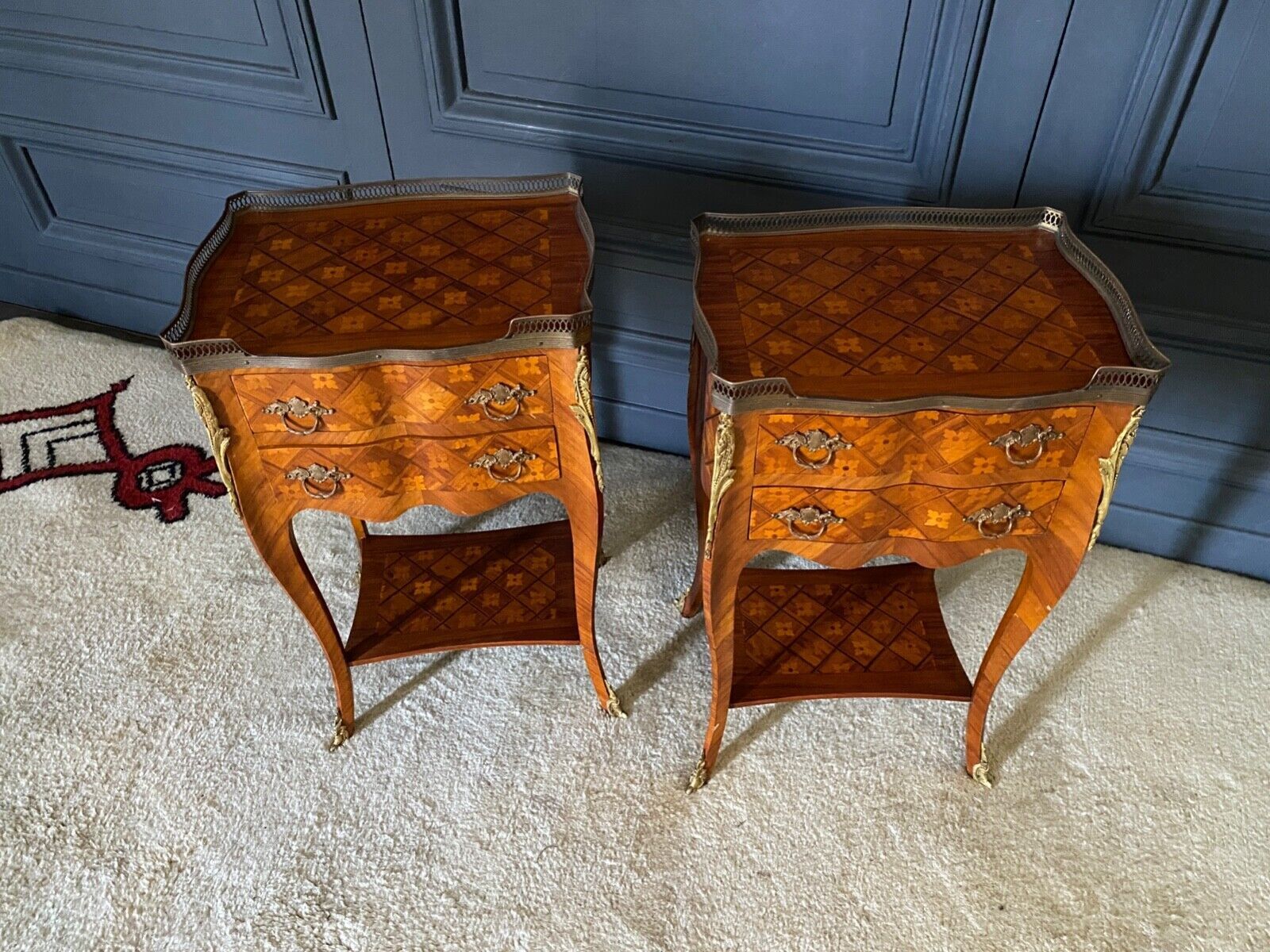 Pair of bedside tables Louis XV style marquetry with shamrocks and XXth bronze