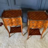 Pair of bedside tables Louis XV style marquetry with shamrocks and XXth bronze