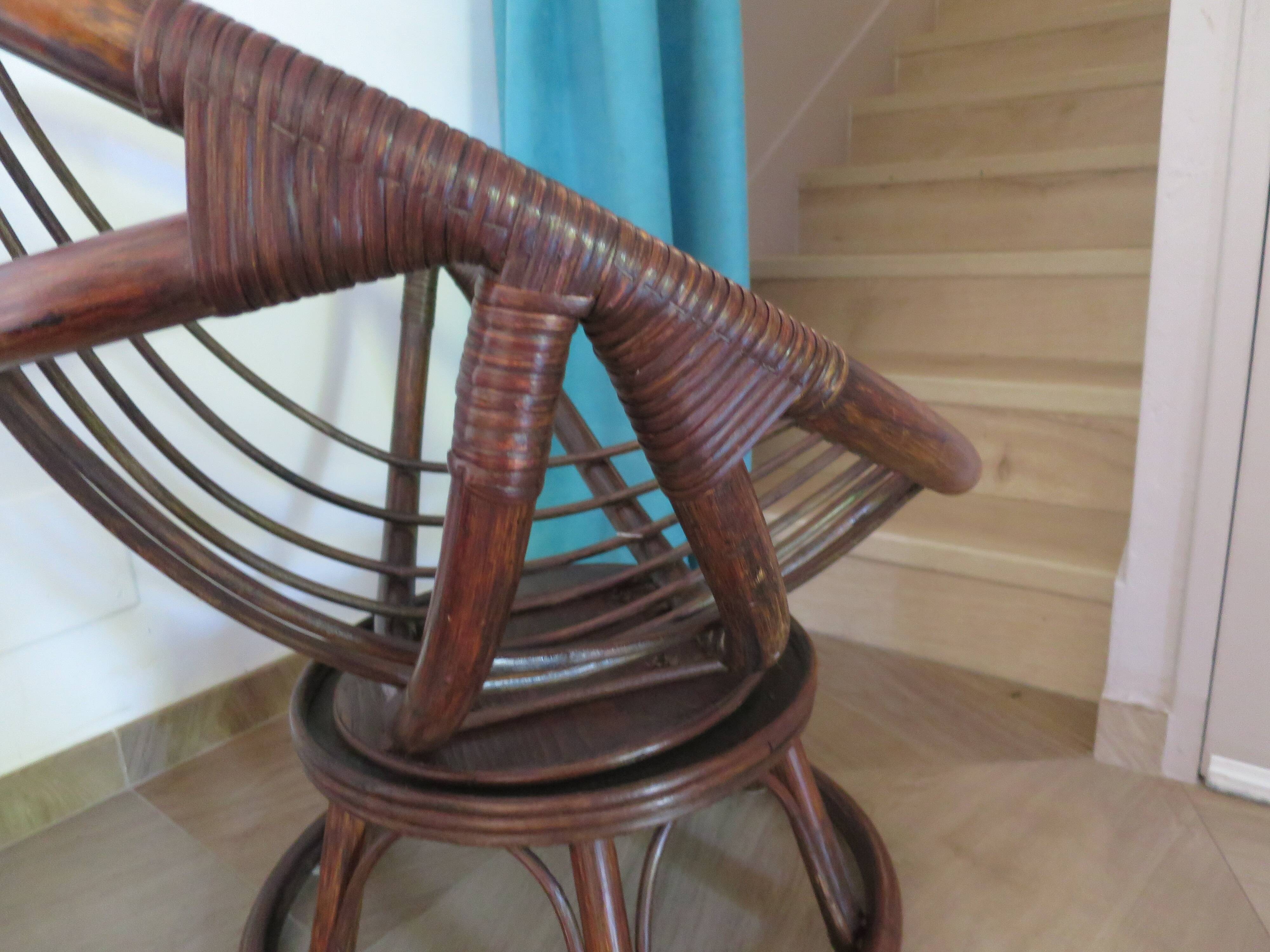 Vintage set of 2 swivel chairs in bamboo and rattan - Papasan shape