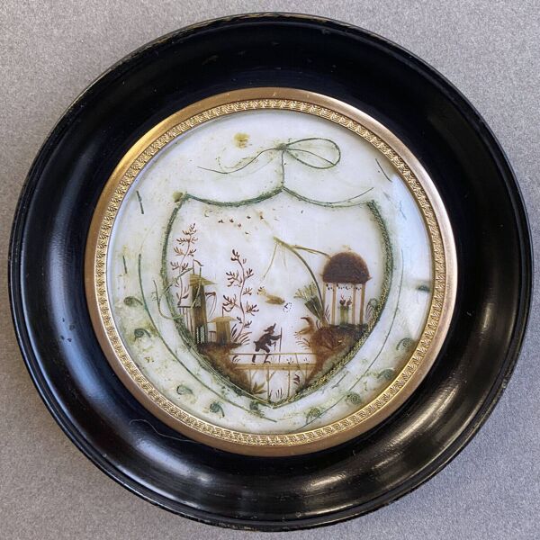 Pendant de miniatures tableaux XIX° Pêcheur et tombeau Nap. III