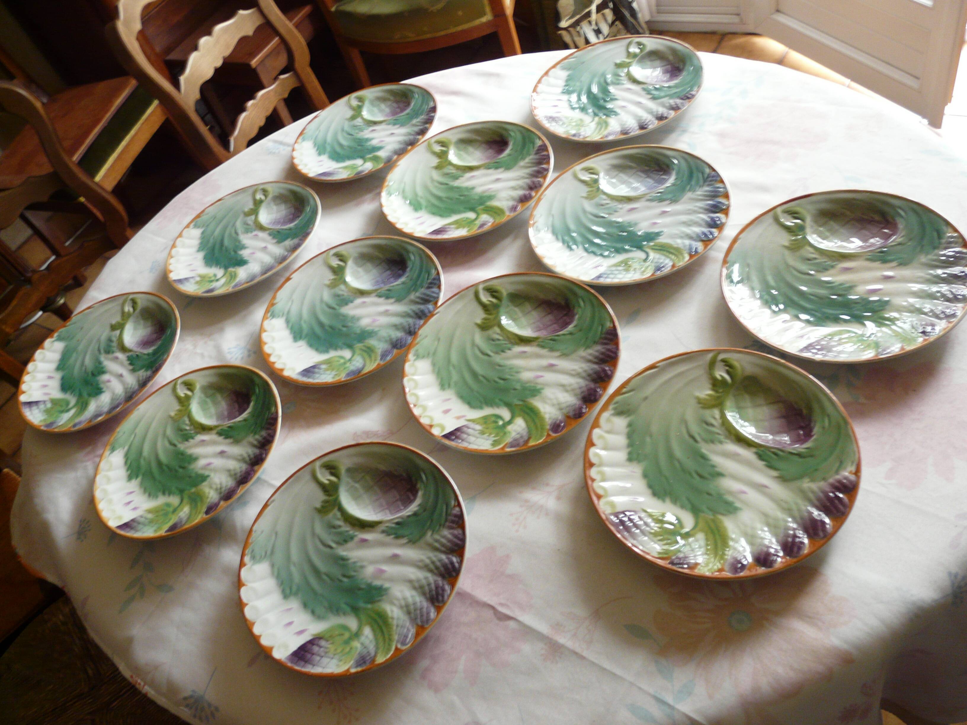 6 Antique plates in Saint Amand slip, ironstone, asparagus