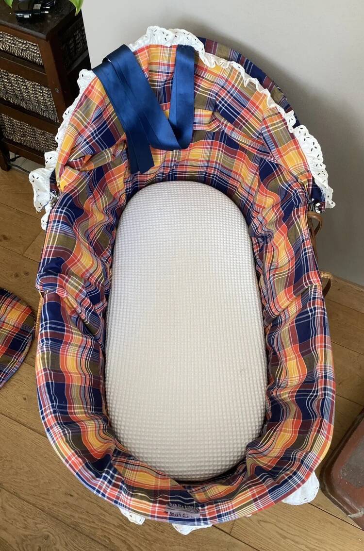 1970s wicker rattan portable bassinet cradle complete with bedding