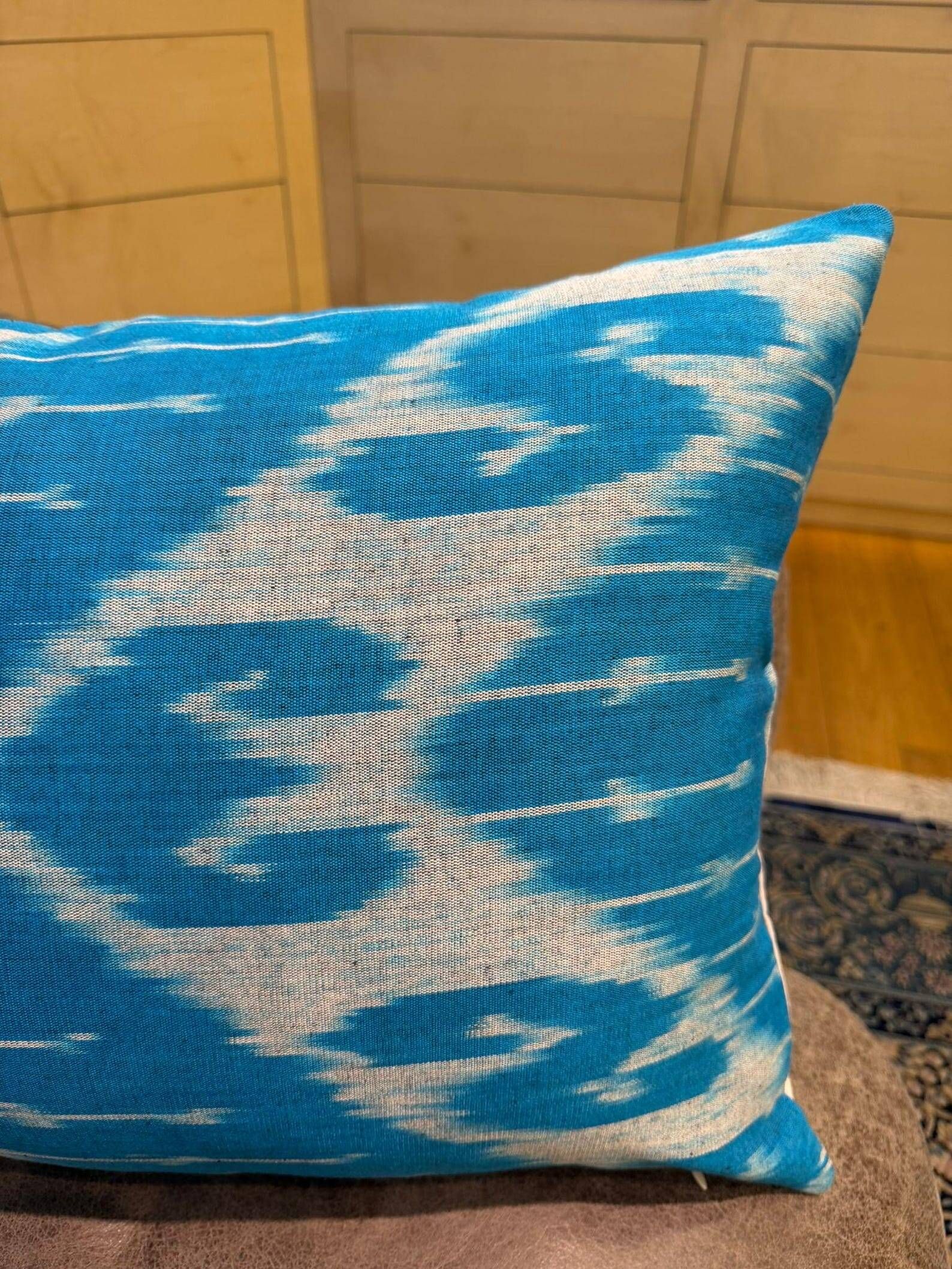 Hand Crafted Silk Ikat Lumbar Cushion Cover, Sky Blue Wave Pillow Case