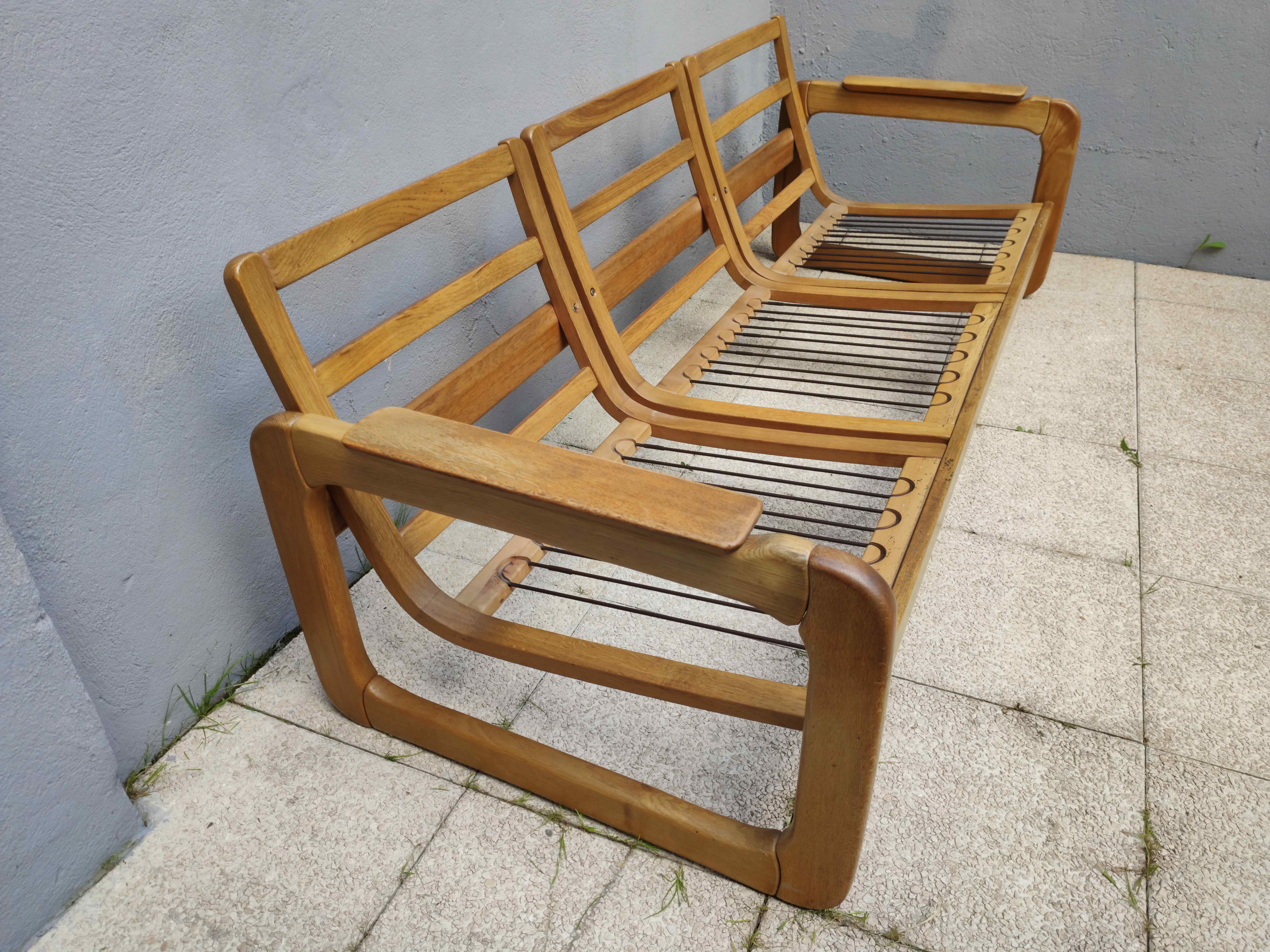 Set of 3-seater sofa + sled chair, 60/70's in oak