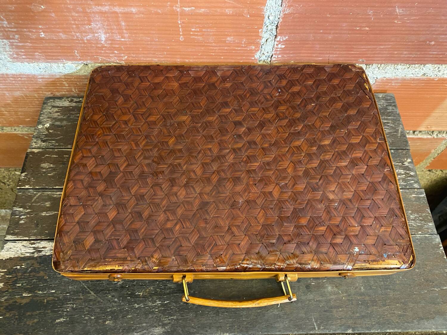 Vintage Wooden & Woven Bamboo Transport Box #D624
