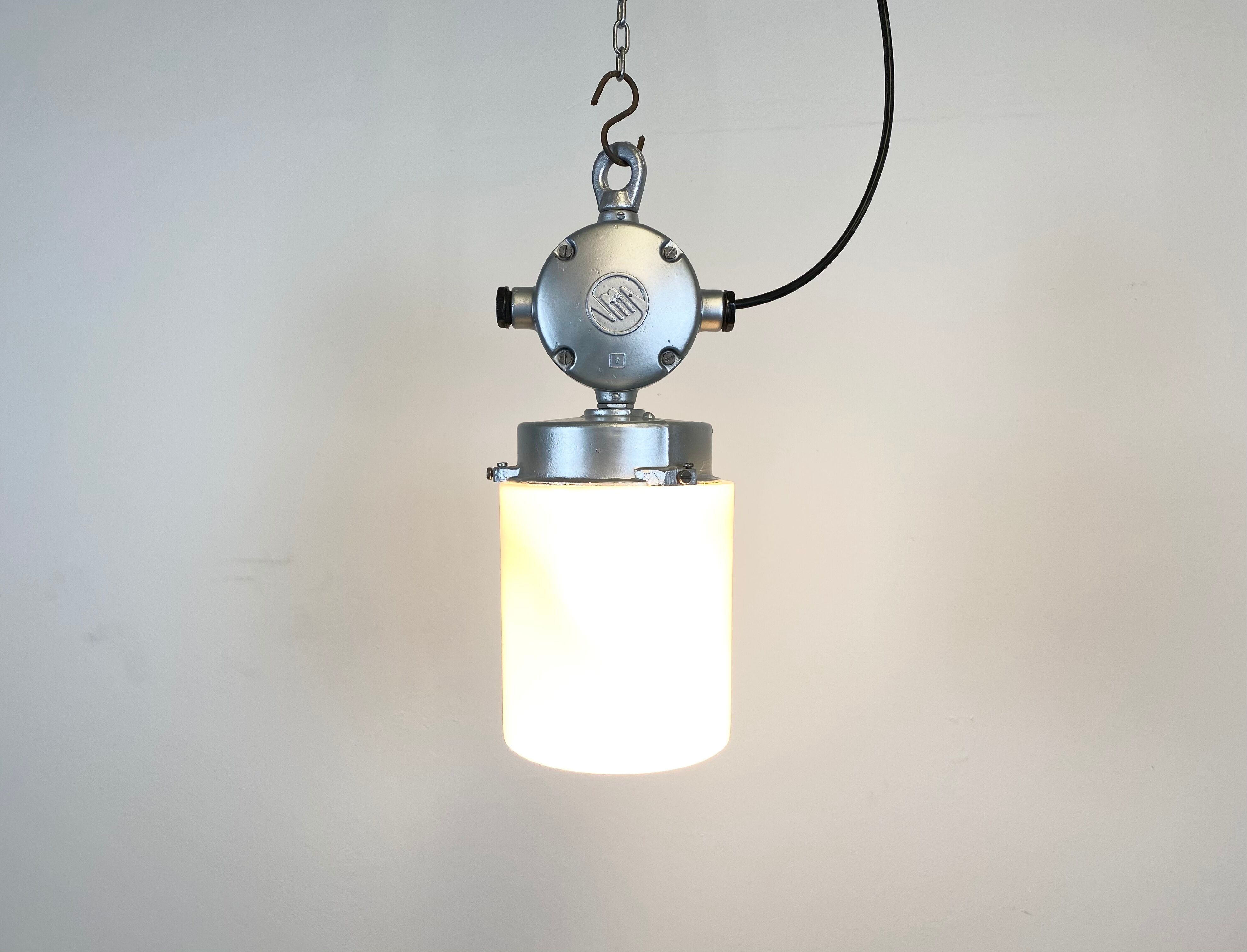 Vintage aluminium industrial lamp with milk glass, 1970s