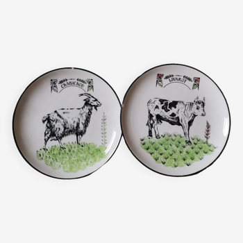 Set of 2 vintage cheese plates Gien hand painted livarot and chabichou