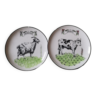 Set of 2 vintage cheese plates Gien hand painted livarot and chabichou