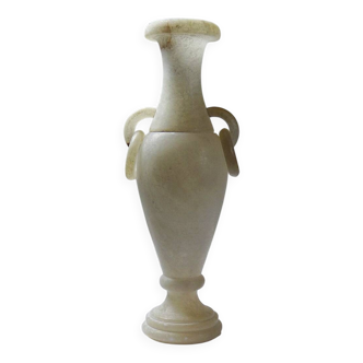 Petit vase balustre en albâtre vintage/ancien amphore à anneaux