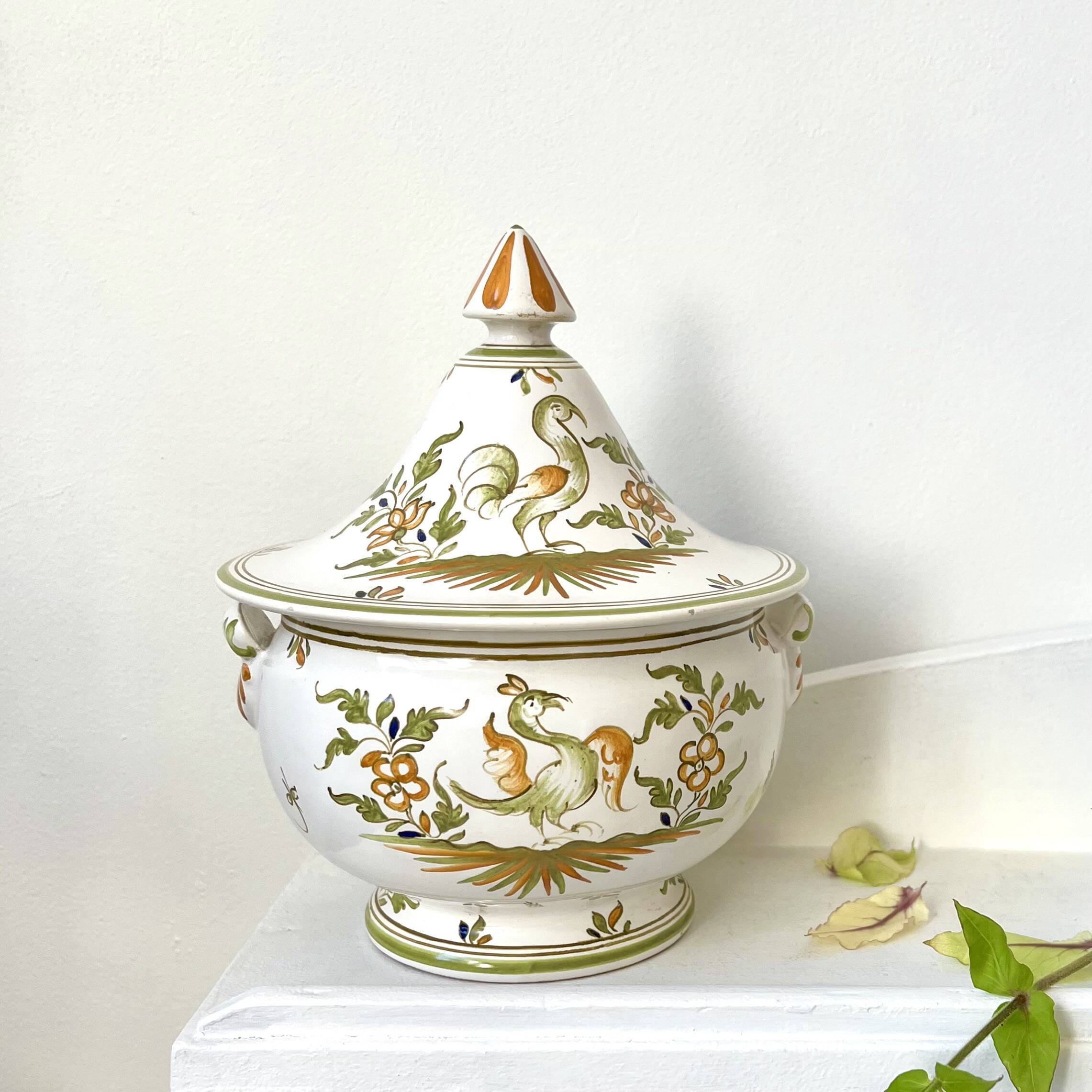 Covered candy jar signed M Malicorne, Moustiers decor