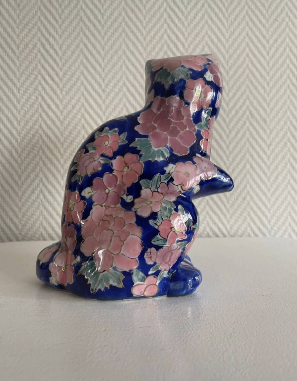 Large Vintage Chinese Blue and Pink Floral Ceramic Cat