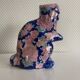 Large Vintage Chinese Blue and Pink Floral Ceramic Cat