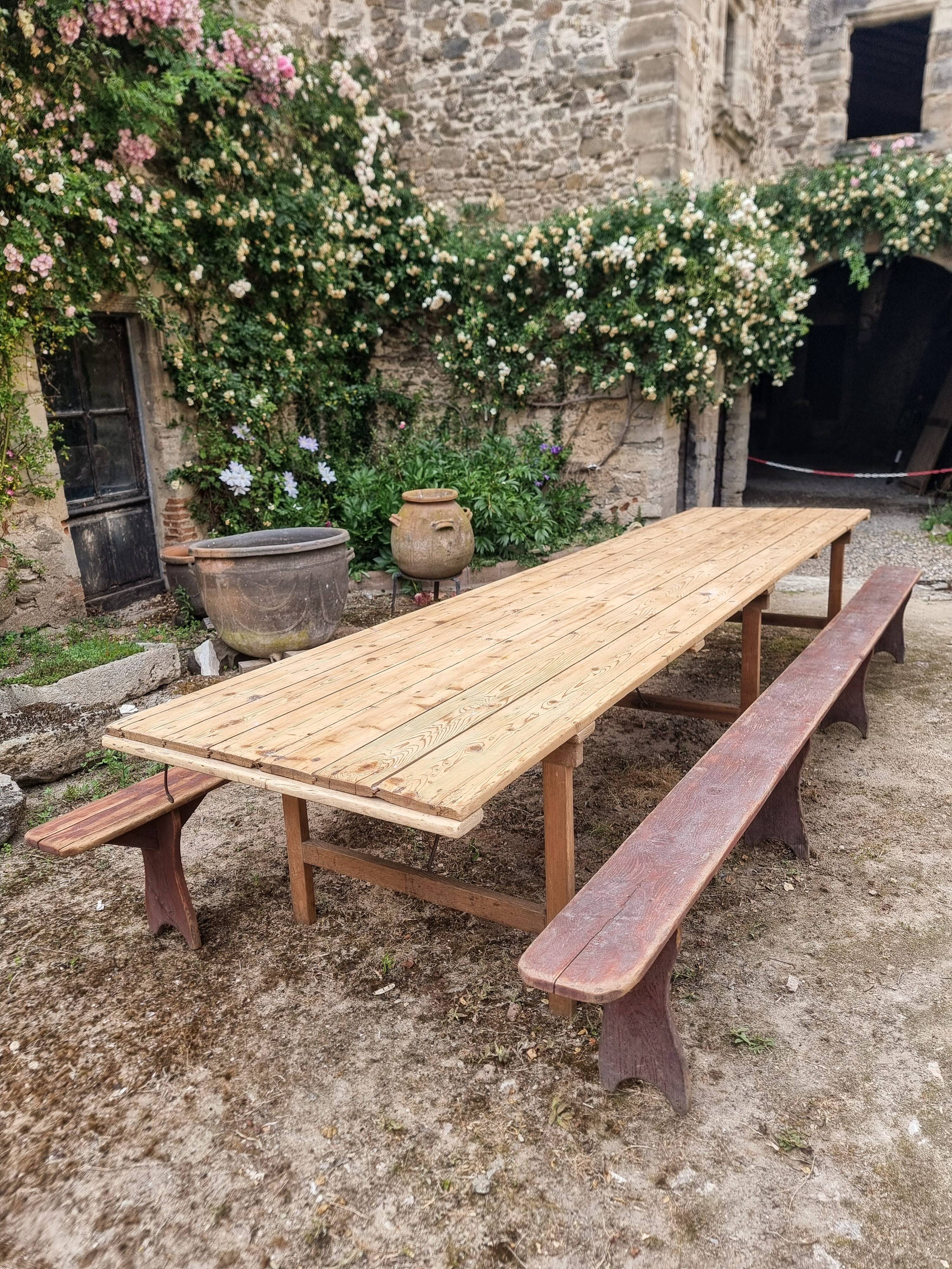 French antique garden dining table – XXL wine table with benches