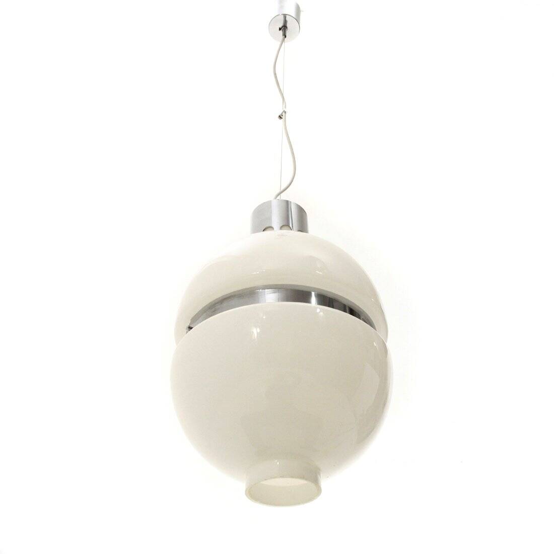 White glass and chrome metal chandelier, 1960s
