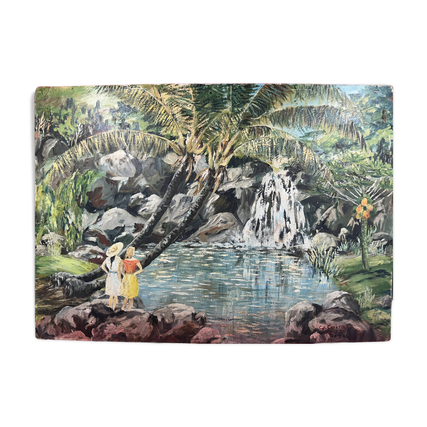 oil on panel Luxurious Waterfall Langevin La Réunion signed Smith