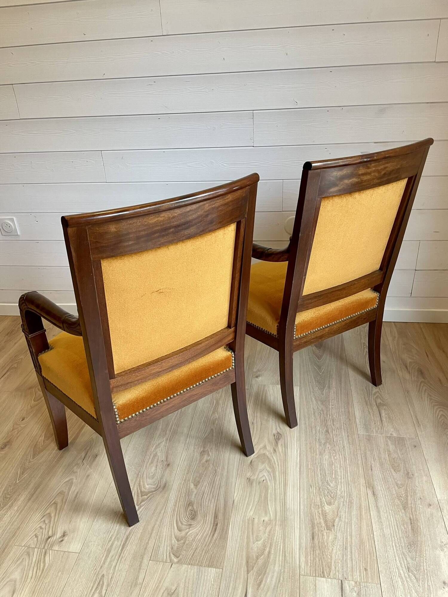 2 vintage style Directoire or Empire armchairs / cabriolets – orange velvet