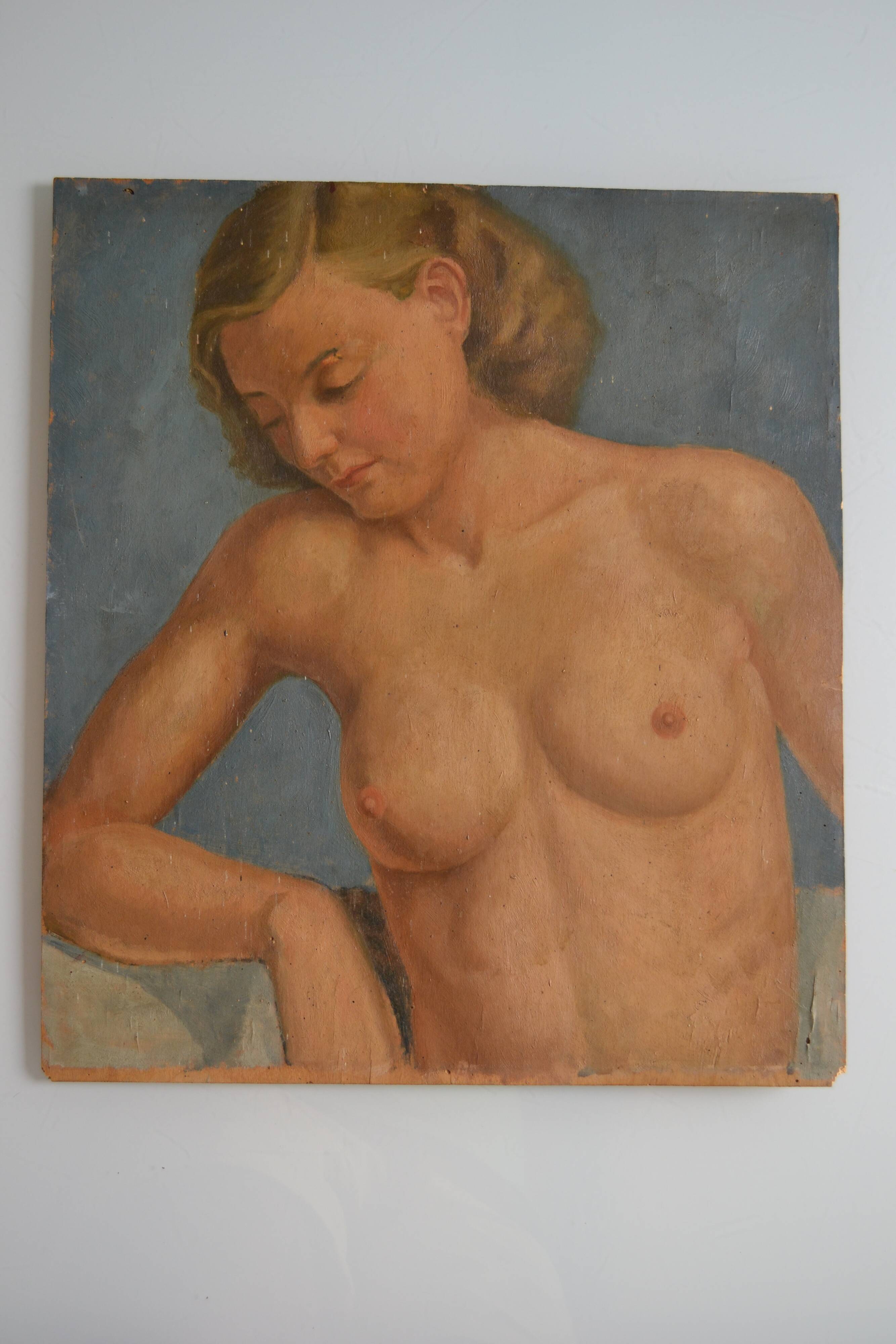 Old painting portrait nude woman oil on panel