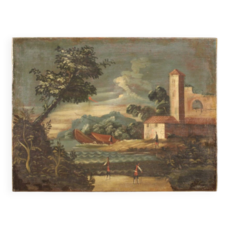 Peinture italienne antique paysage marin huile sur toile du 18ème siècle