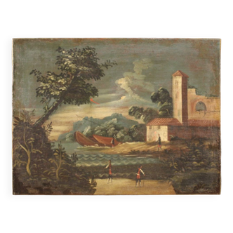 Antique Italian painting seascape oil on canvas from the 18th century