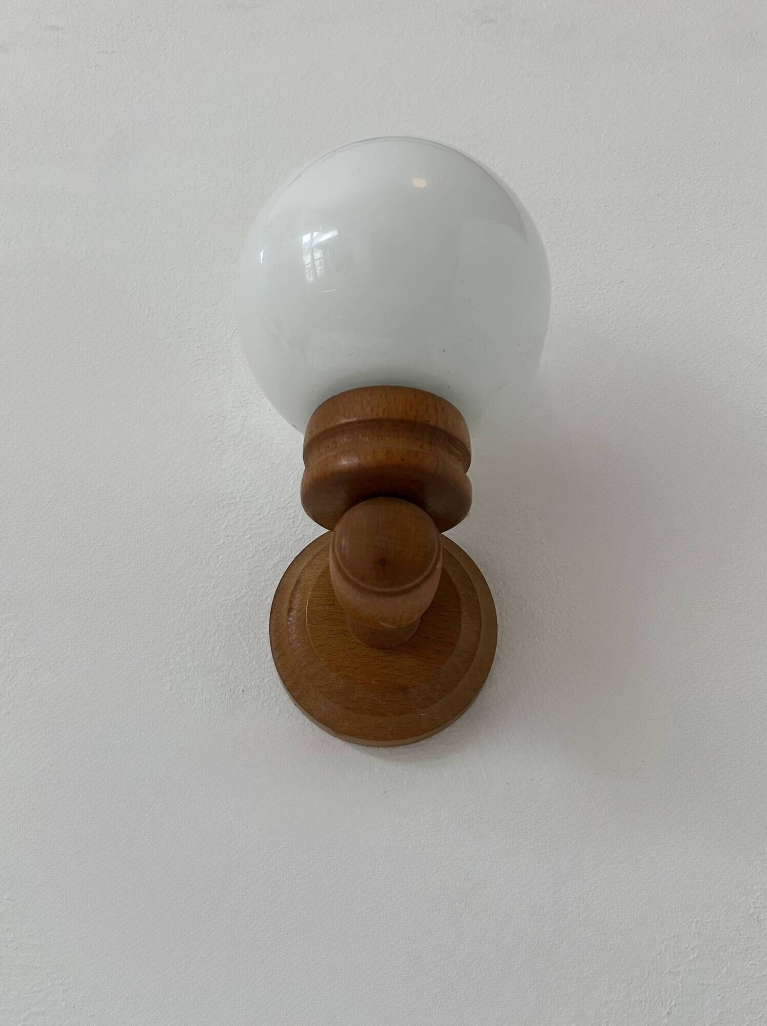 Pair of vintage wall lights, pine and opaline glass, France, 1980