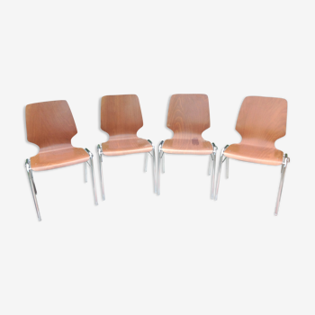 Suite de quatre chaises en multiplis  couleur teck et pieds chromés  / vintage années 60-70