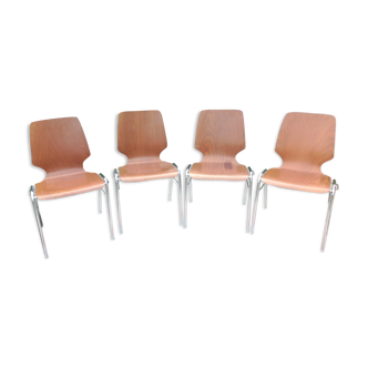 Suite de quatre chaises en multiplis  couleur teck et pieds chromés  / vintage années 60-70