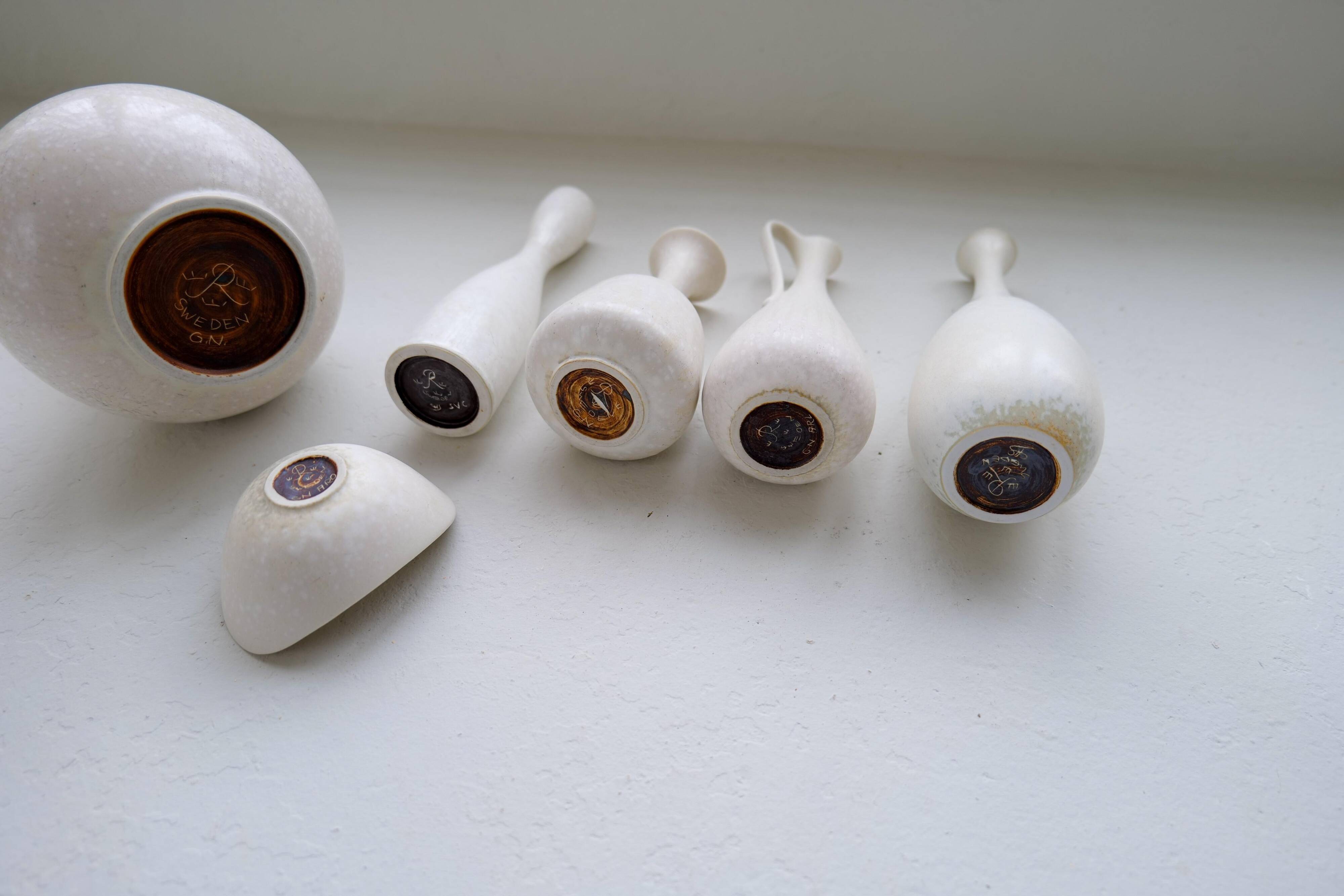 Group of 6 white and grey Midcentury Modern vessels Rörstrand Sweden 1950