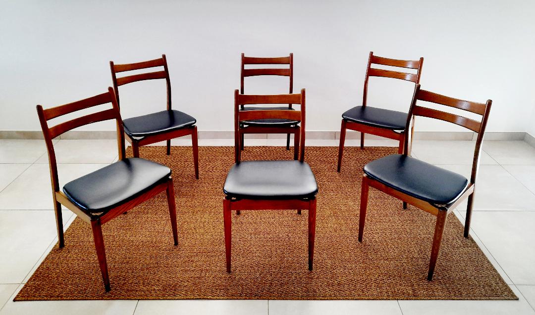Suite of 6 chairs in beech and black skai
