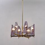 Italian Mid-Century Stilux Milano Chandelier in Brass and Purple Plexiglass