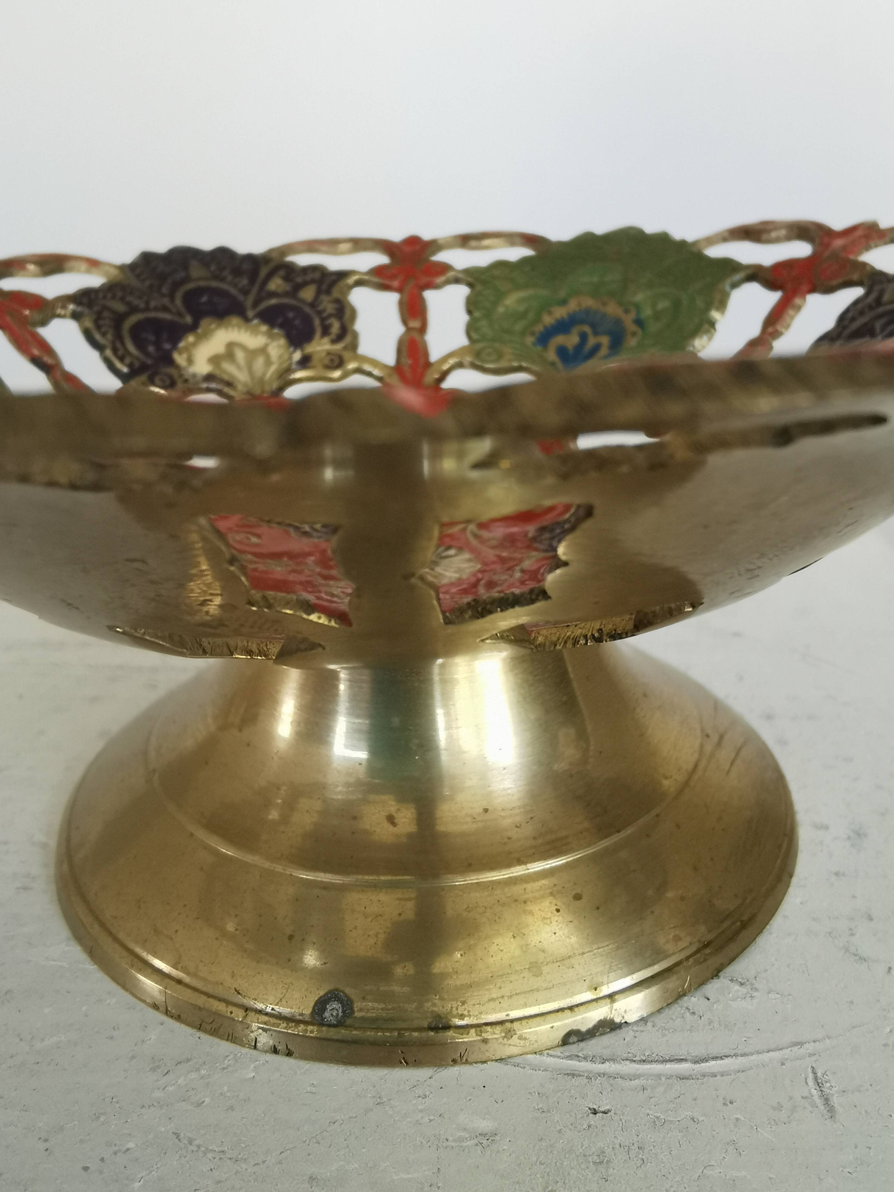 Vintage Brass Pedestal Bowl: Floral Motif, Red Blue Green Painted