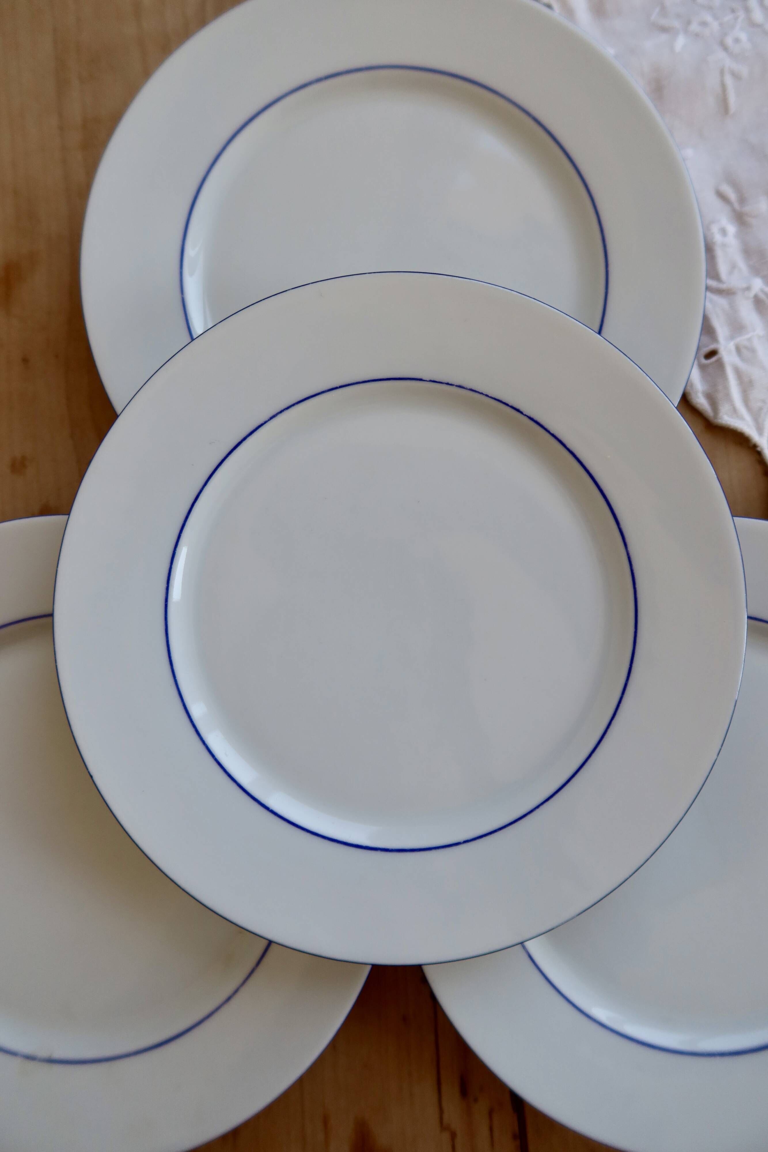 4 vintage dessert plates white porcelain with blue trim