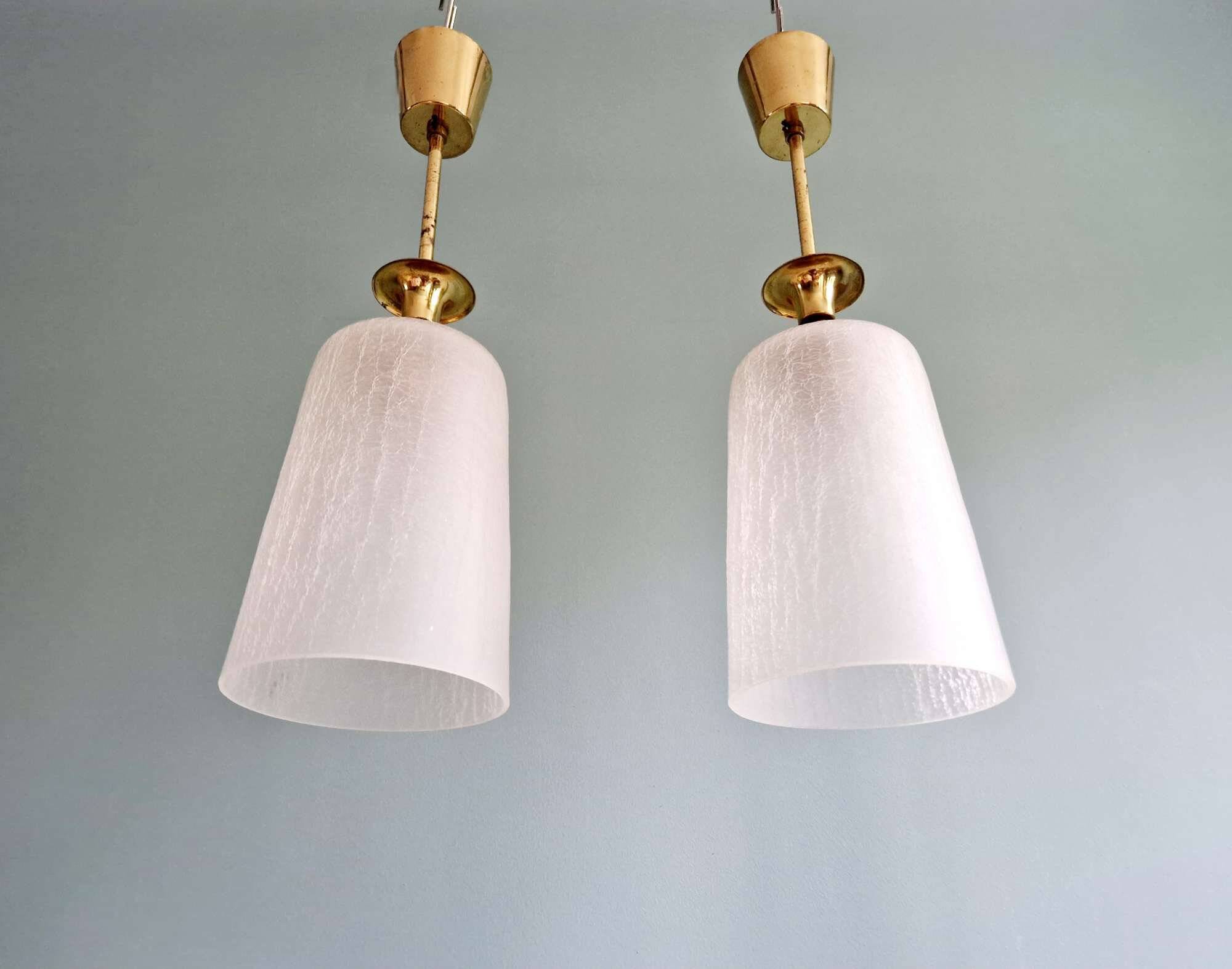 Pair of brass and cracked glass pendants, 1950-60.