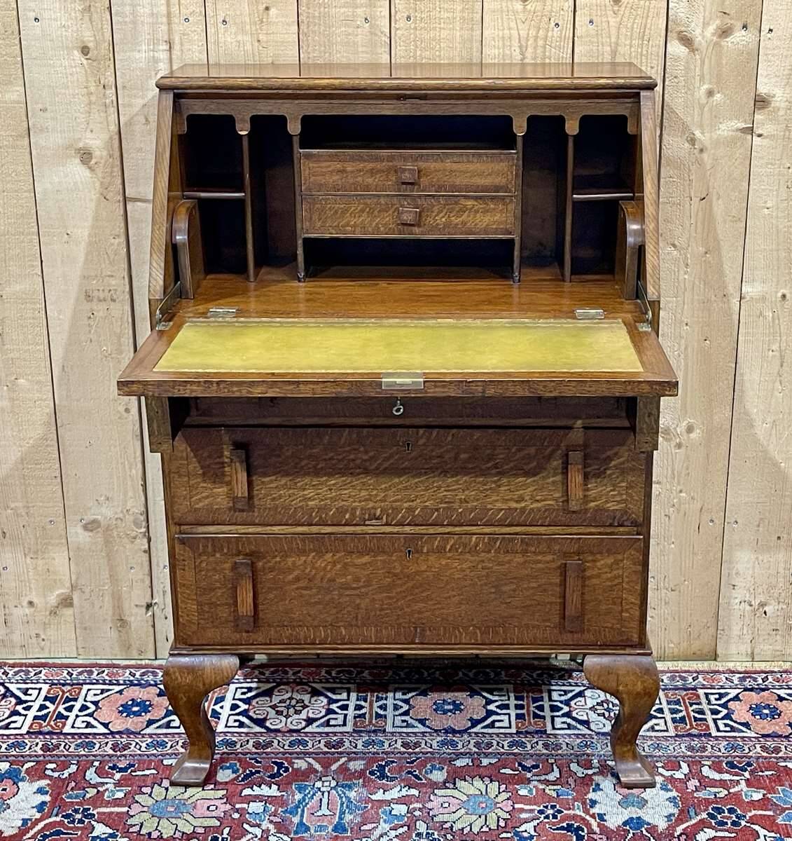 English donkey desk in oak and leather top, 1950s