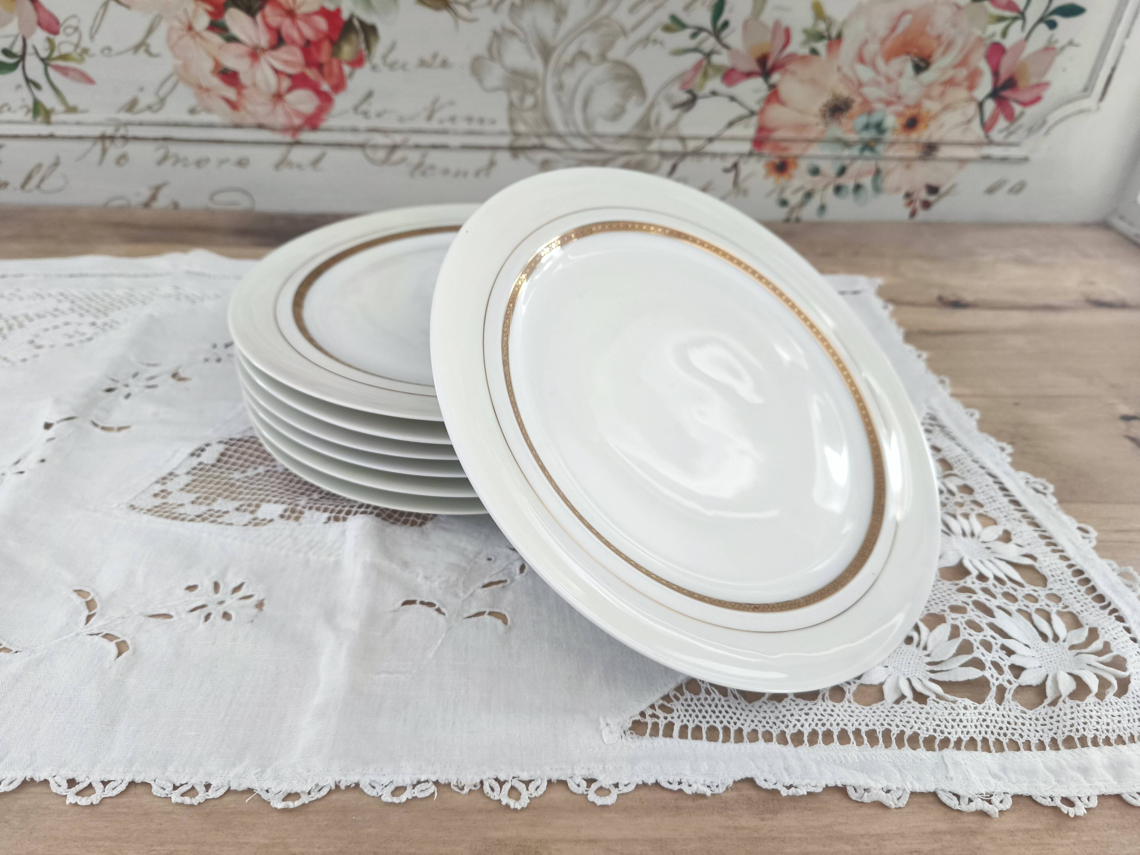 Set of 7 Limoges porcelain dinner plates by A. Vignaud