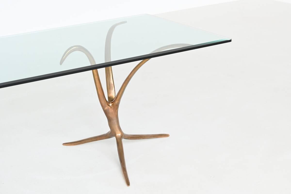 Unique sculptural dining table in bronze and glass, Belgium 1970.