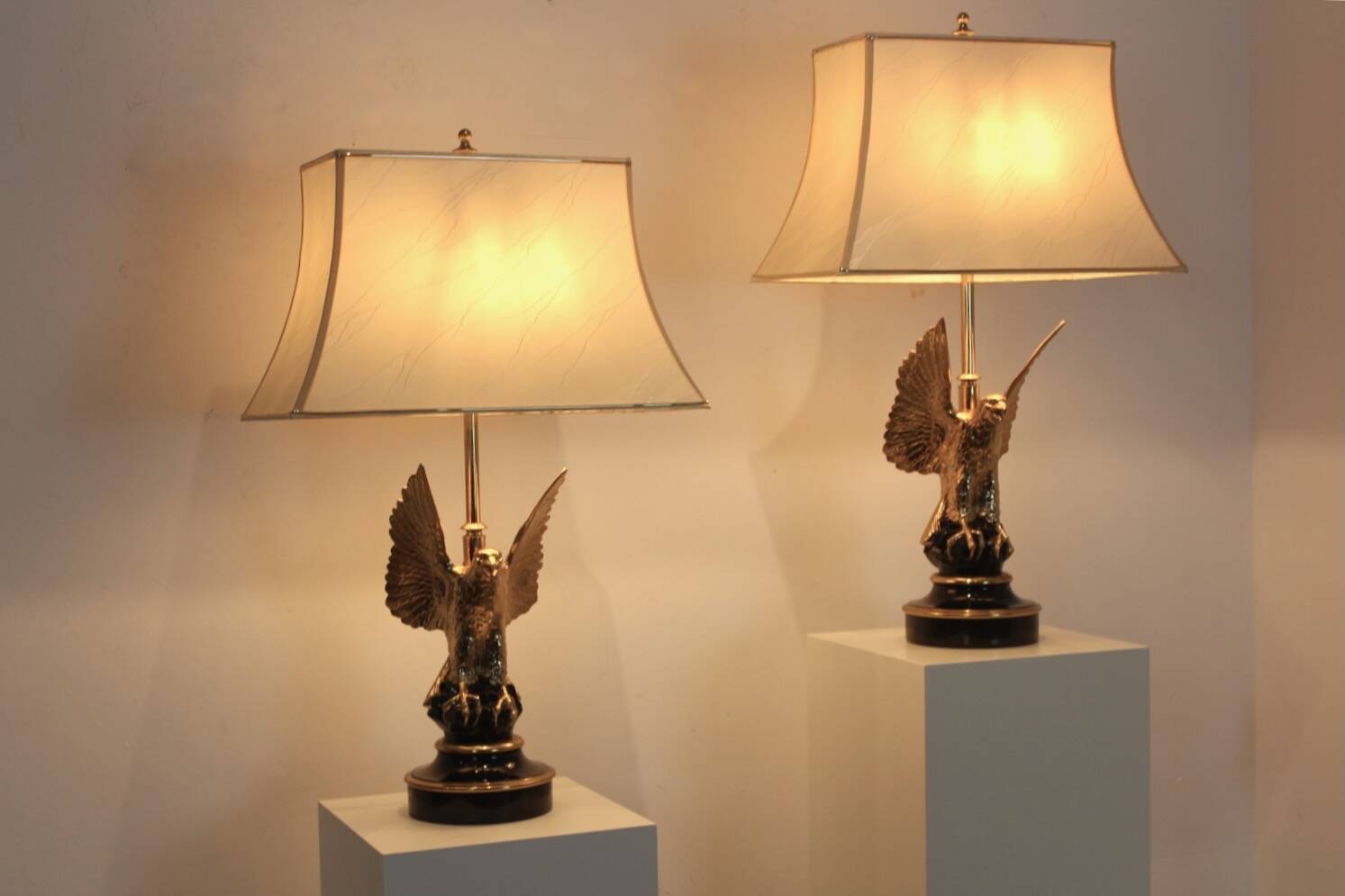 Pair of large Belgian brass carved eagle table lamps