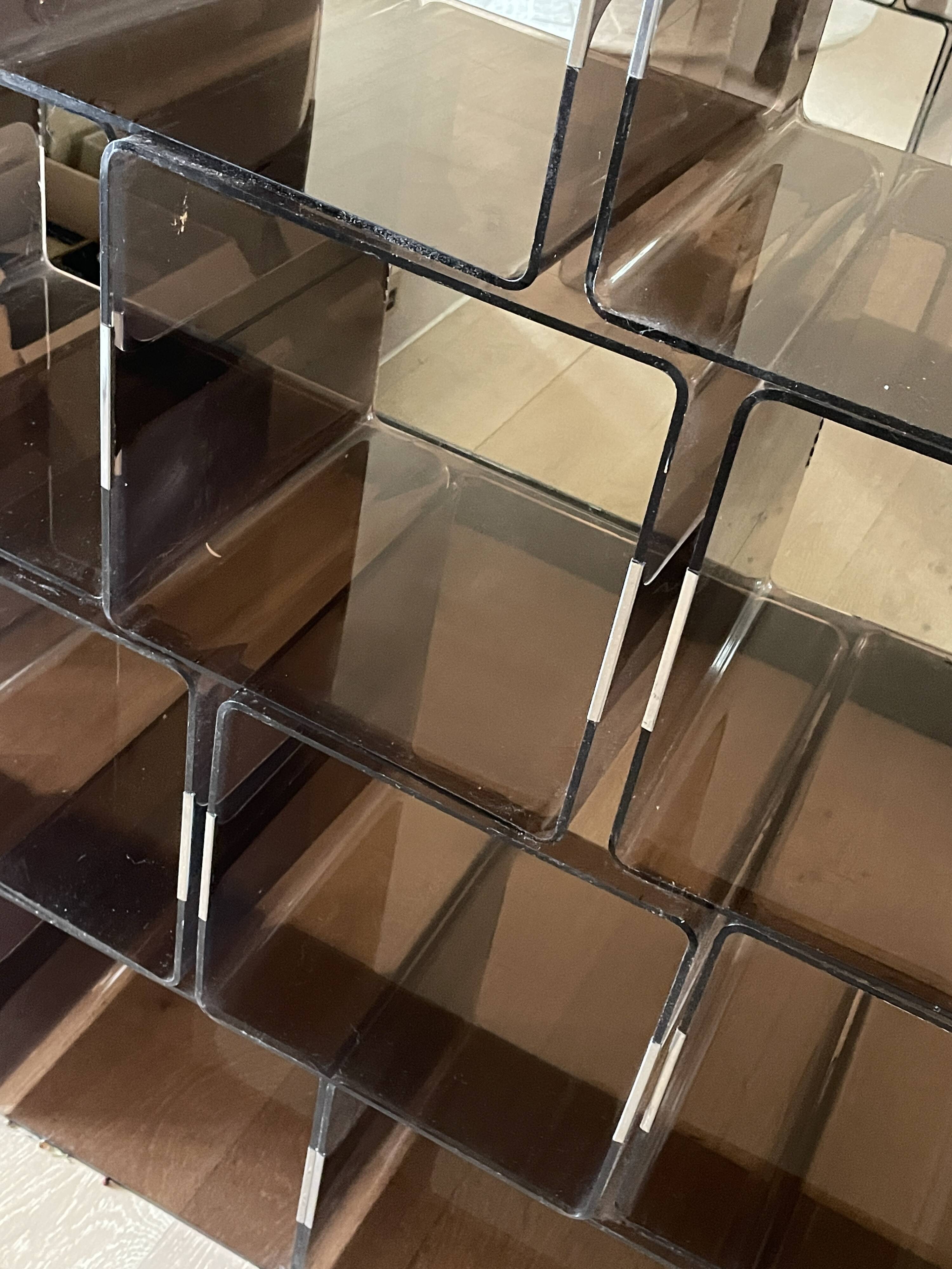 Set of 12 smoked plexi lockers and chrome insert by Michel DUMAS, 1970s