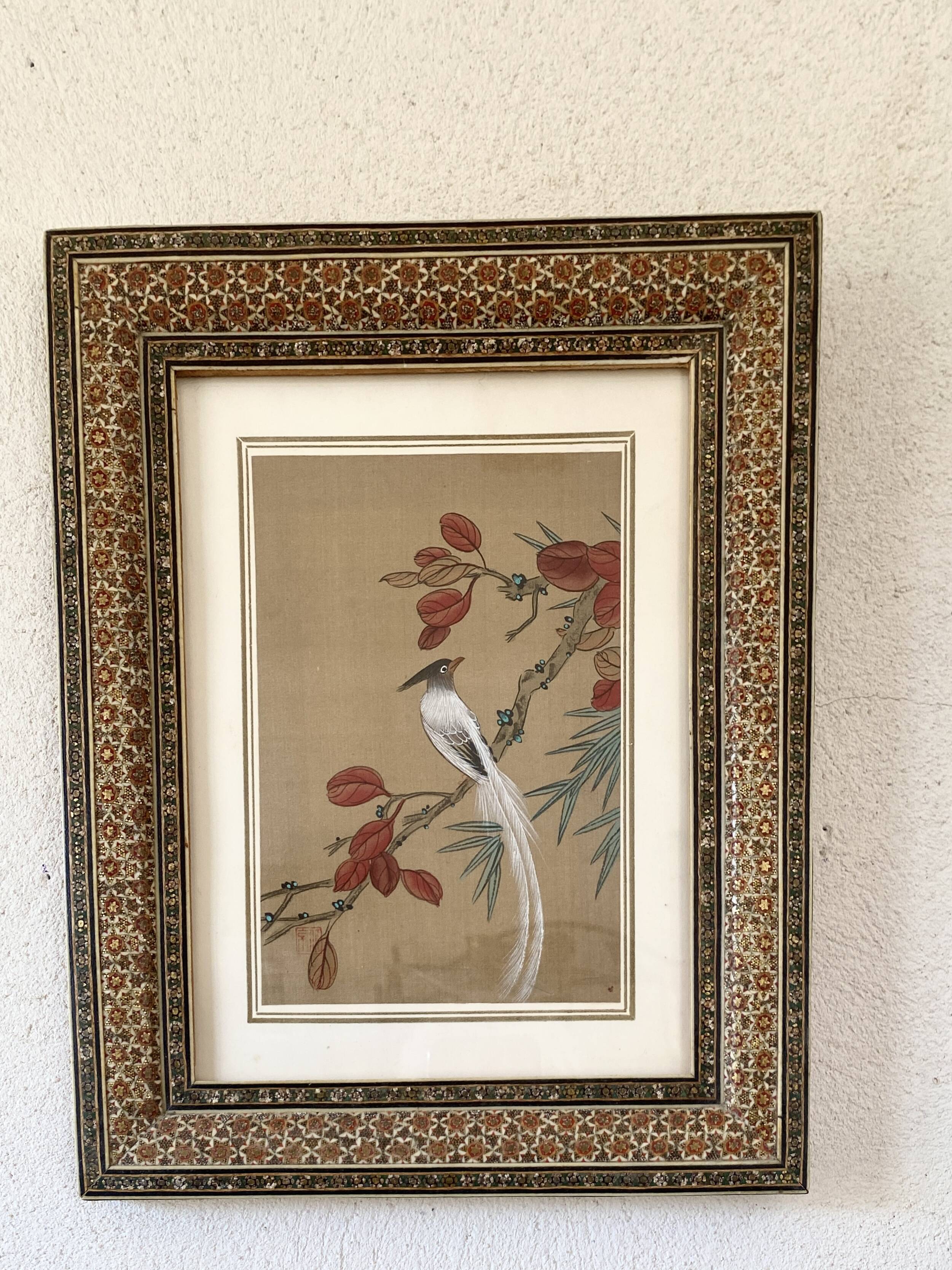 Ornithological painting, marquetry frame